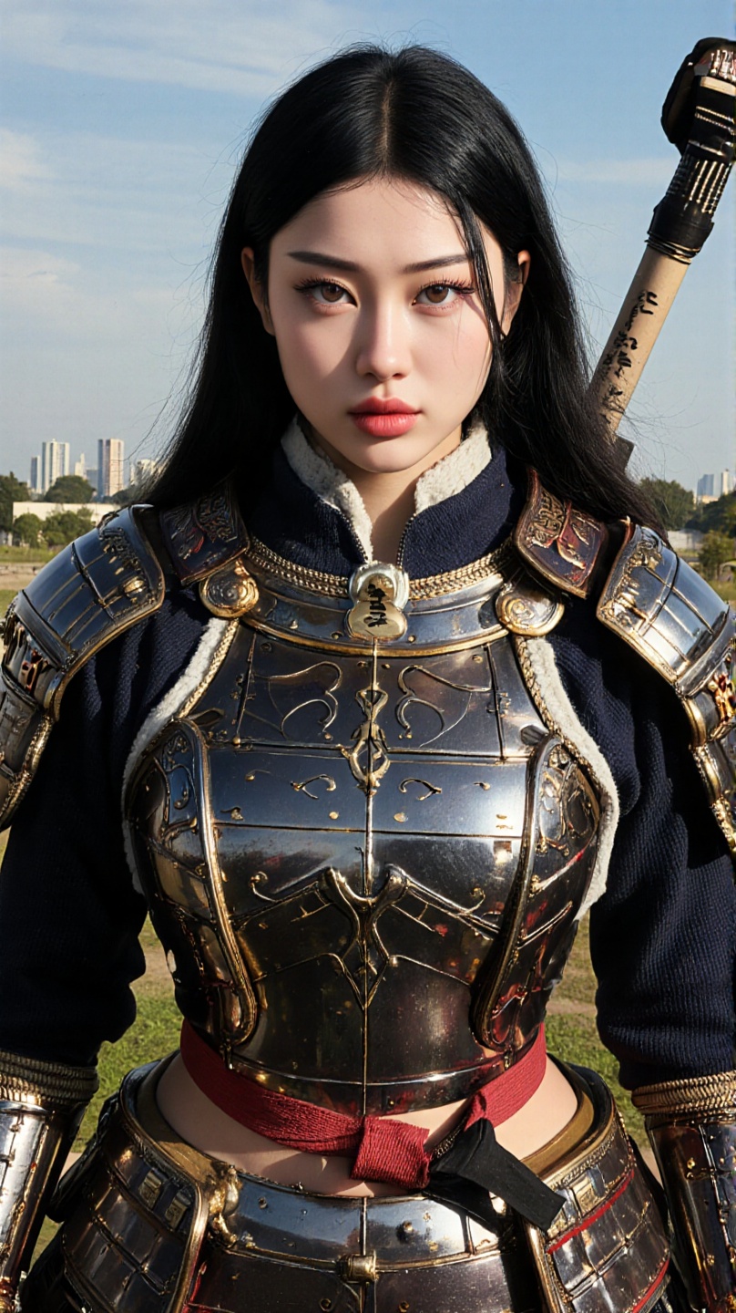 portrait,  Akira Kurosawa\s movie-style poster features a full-body shot of a 28-year-old girl,  embodying the samurai spi...