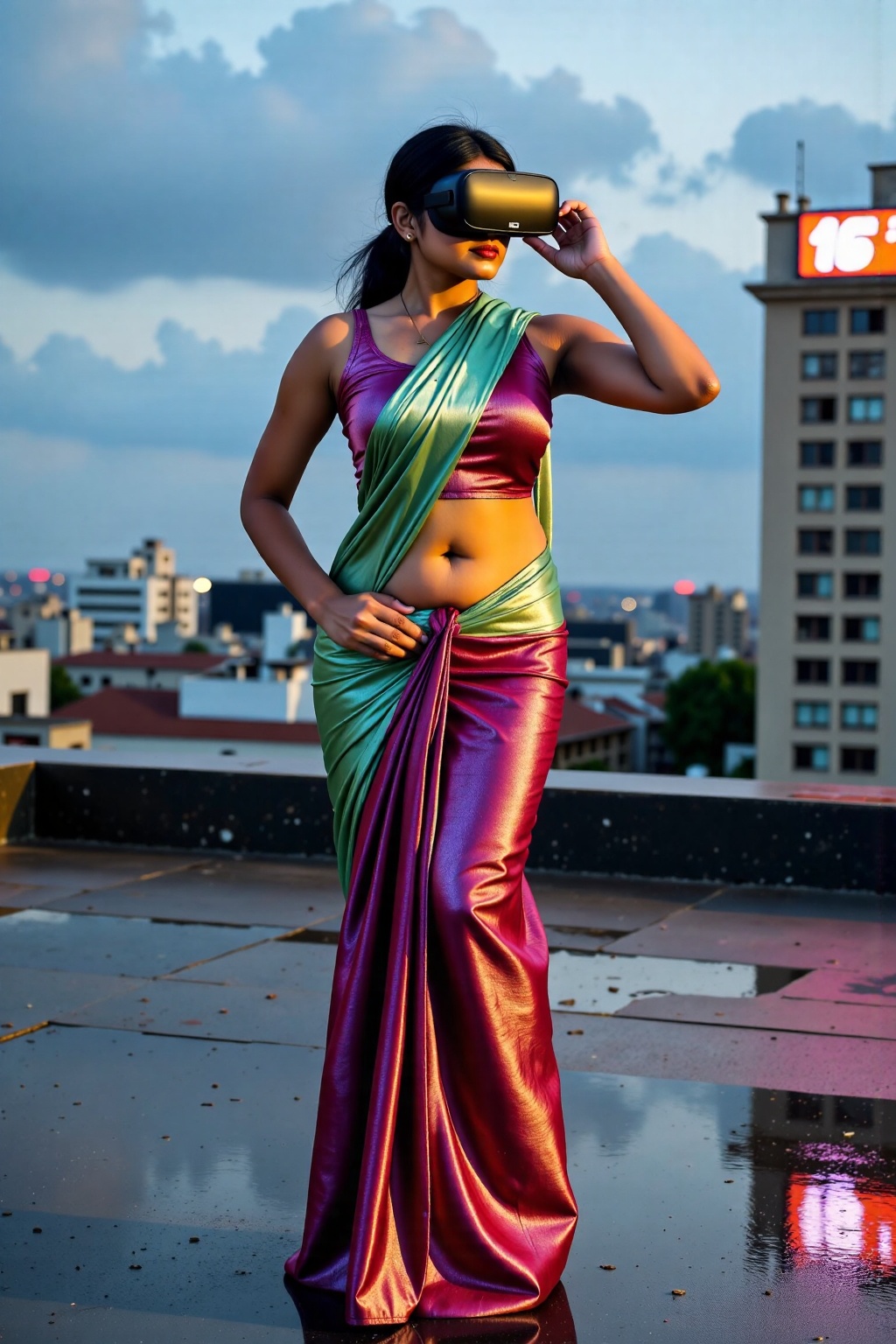 The image depicts a woman wearing a futuristic,  form-fitting outfit that shimmers with various colors,  standing on a roo...