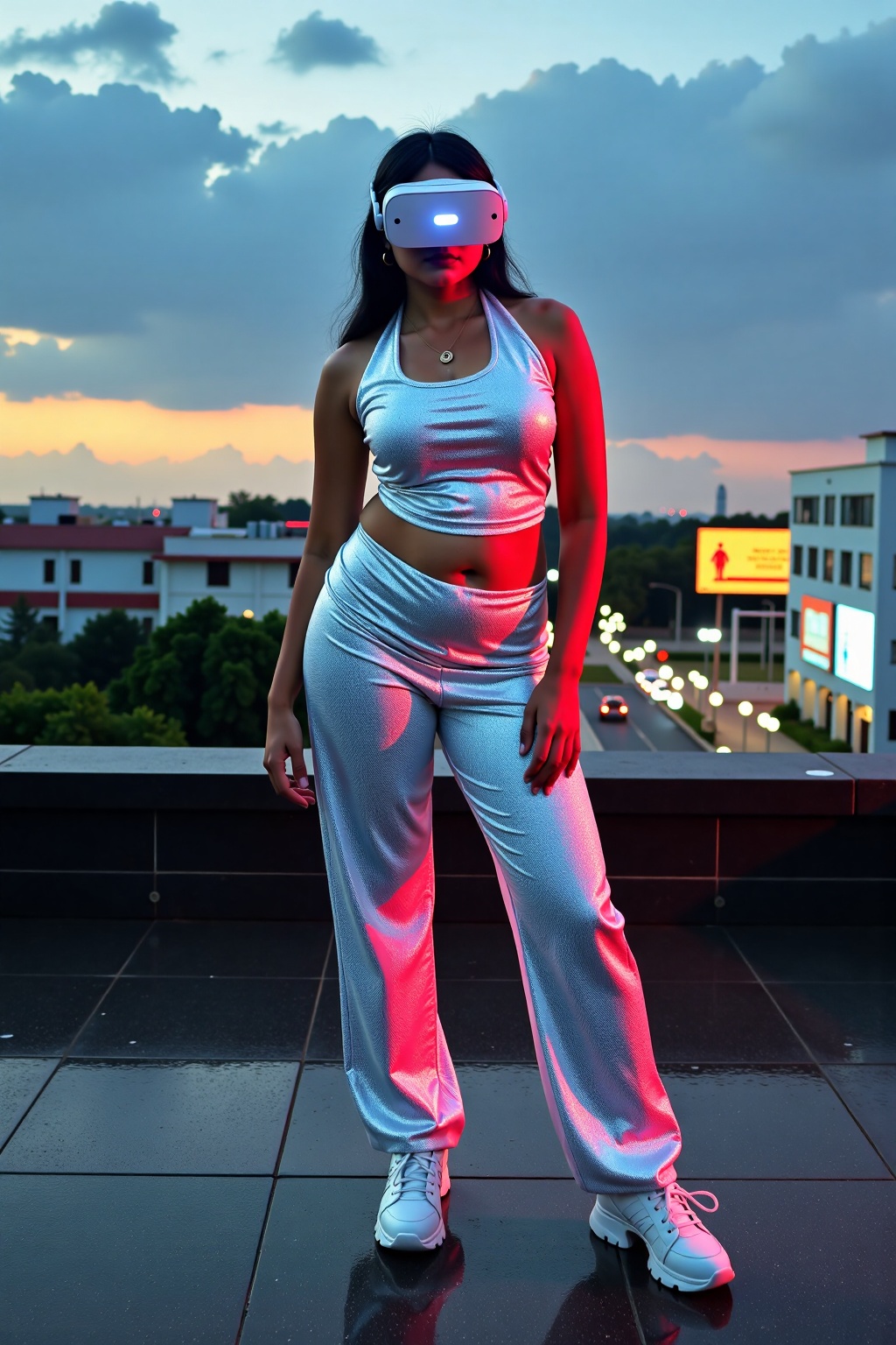 The image depicts a woman wearing a futuristic,  form-fitting outfit that shimmers with various colors,  standing on a roo...