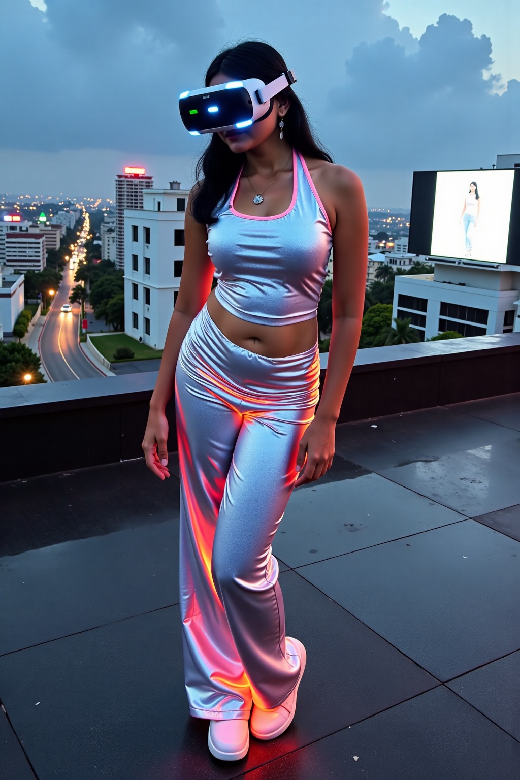 The image depicts a woman wearing a futuristic,  form-fitting outfit that shimmers with various colors,  standing on a roo...