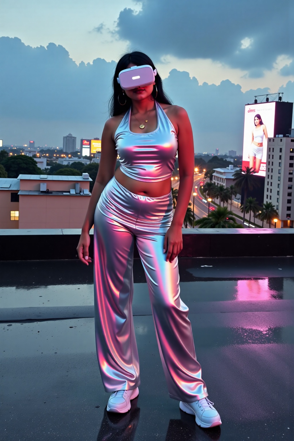 The image depicts a woman wearing a futuristic,  form-fitting outfit that shimmers with various colors,  standing on a roo...