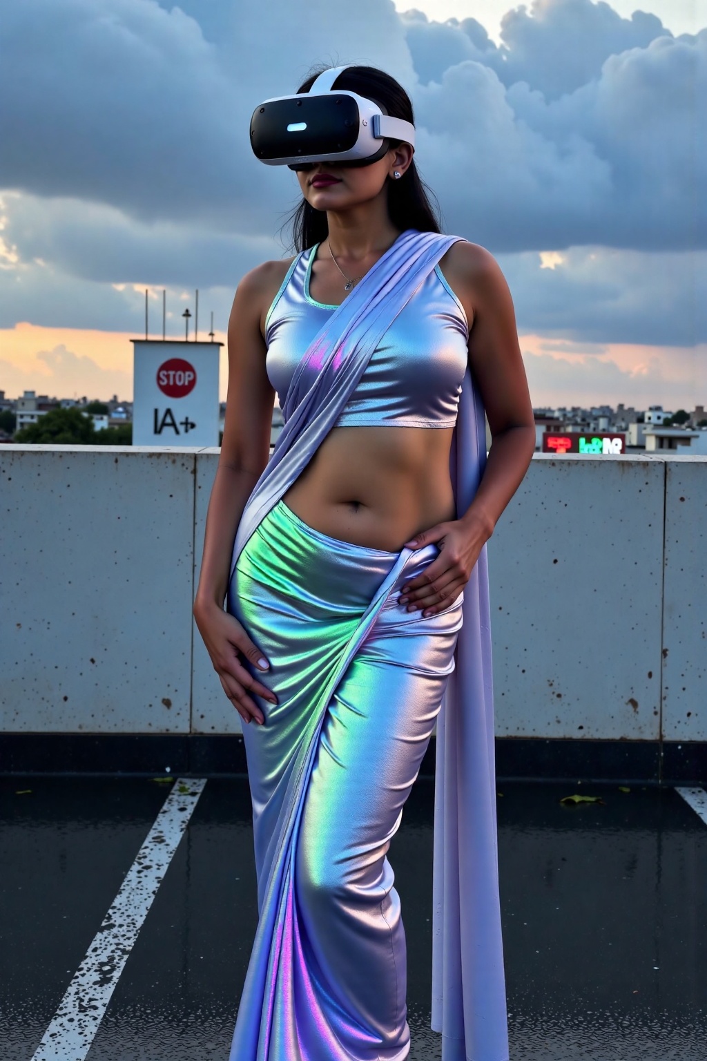 The image depicts a woman wearing a futuristic,  form-fitting outfit that shimmers with various colors,  standing on a roo...