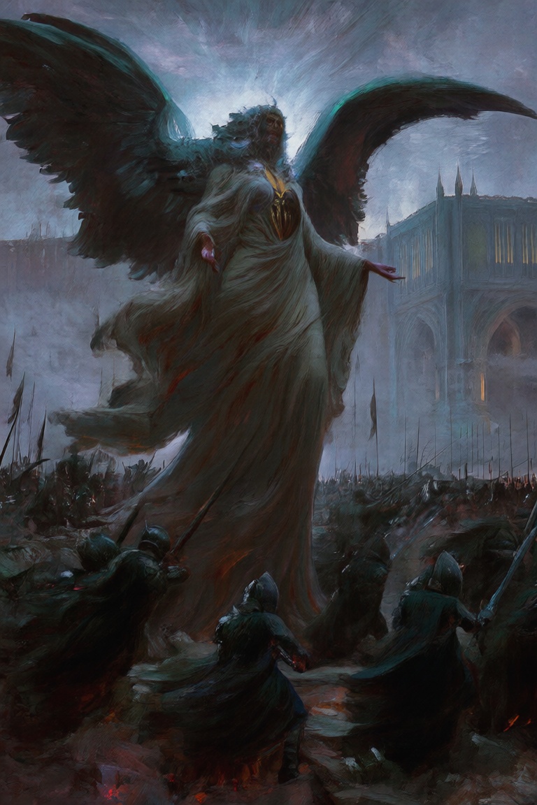 anatof,  a female angel carriying a little girl out of the palace,  war scene on Tensor.Art