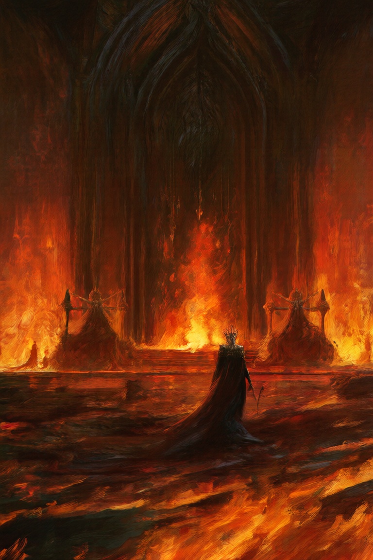 anatof,  a a queen walking through the fire in her throne room,  fantasy art on Tensor.Art