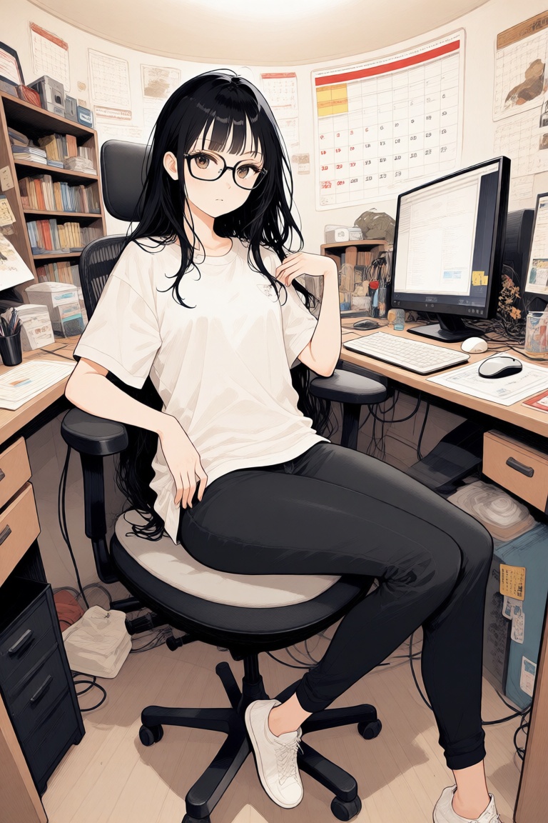 aesthetic,  anime-style illustration of a young woman with long black hair and glasses,  sitting at a desk in a cluttered...