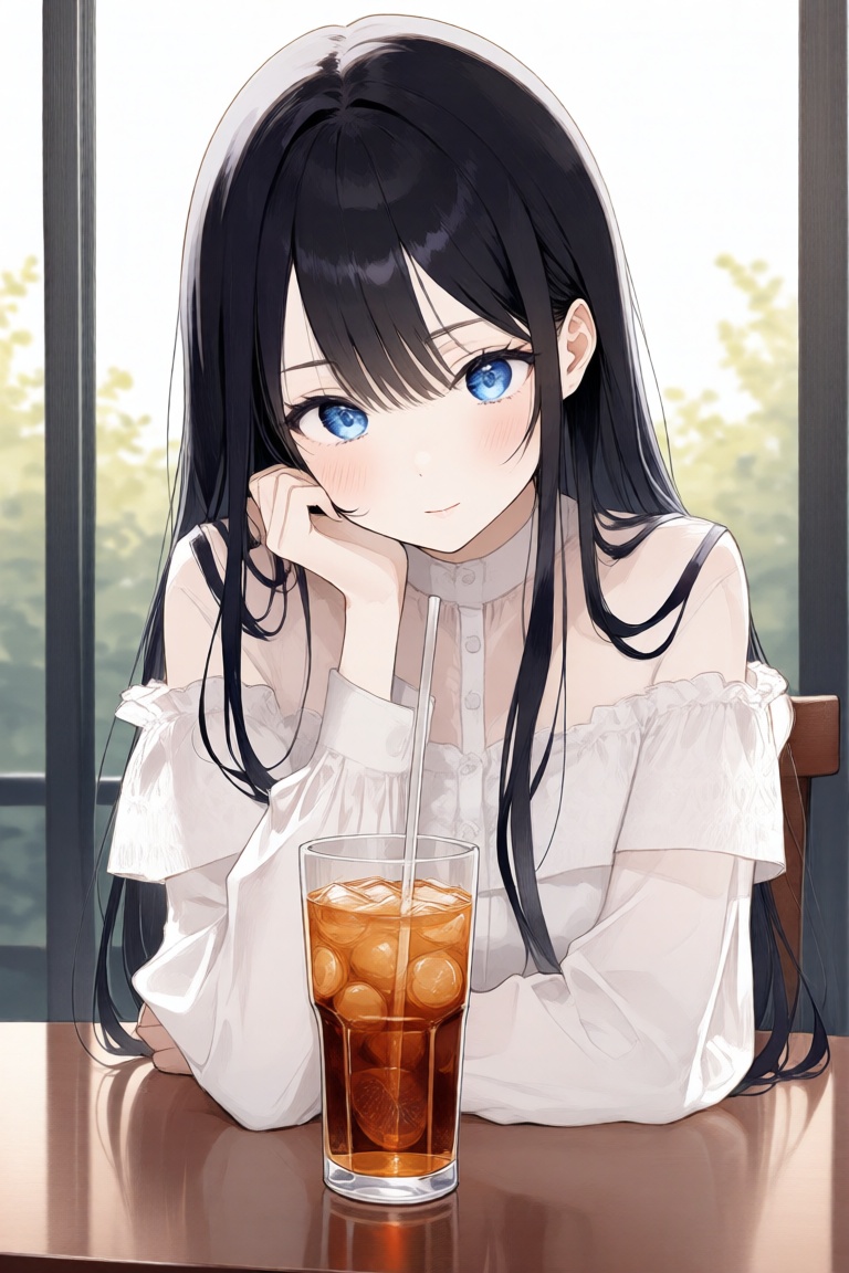 aesthetic,  anime-style drawing of a young woman with long,  straight black hair and blue eyes on Tensor.Art