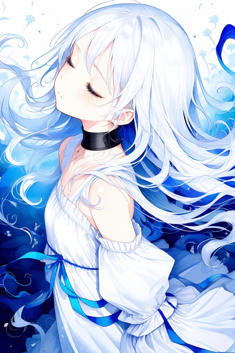 It features a young girl with long,  flowing white hair that cascades down her back in elegant waves. Her eyes are gently...