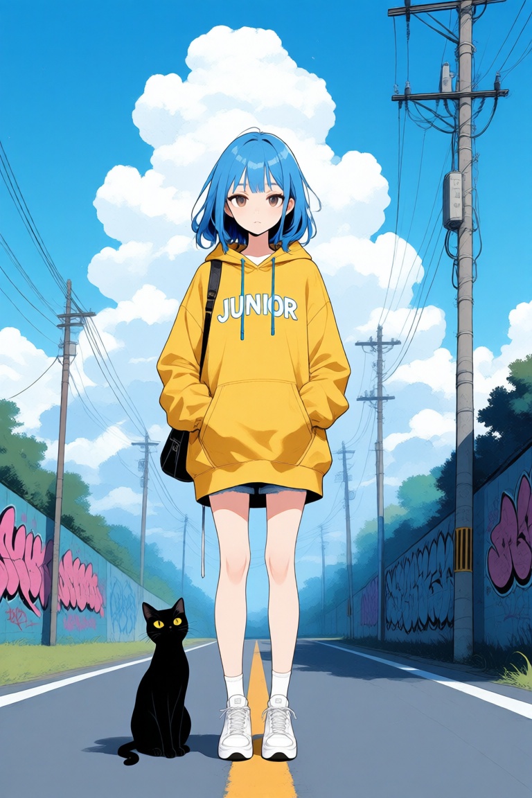 Anime-style digital illustration of a young woman with blue hair,  wearing a yellow hoodie with the words "JUNIOR" written...