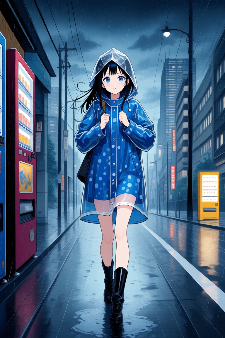 A young woman walking on a wet street at night. she is wearing a blue raincoat with white polka dots and black boots. the...