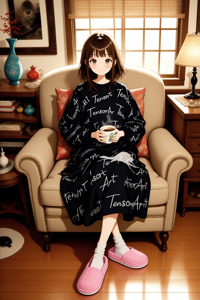 In the image,  a young woman with brown hair and bangs is seated comfortably on an armchair in a cozy living room setting....