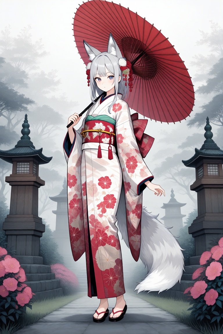 Anime-style illustration of a young woman with long,  silver hair,  fox ears on Tensor.Art