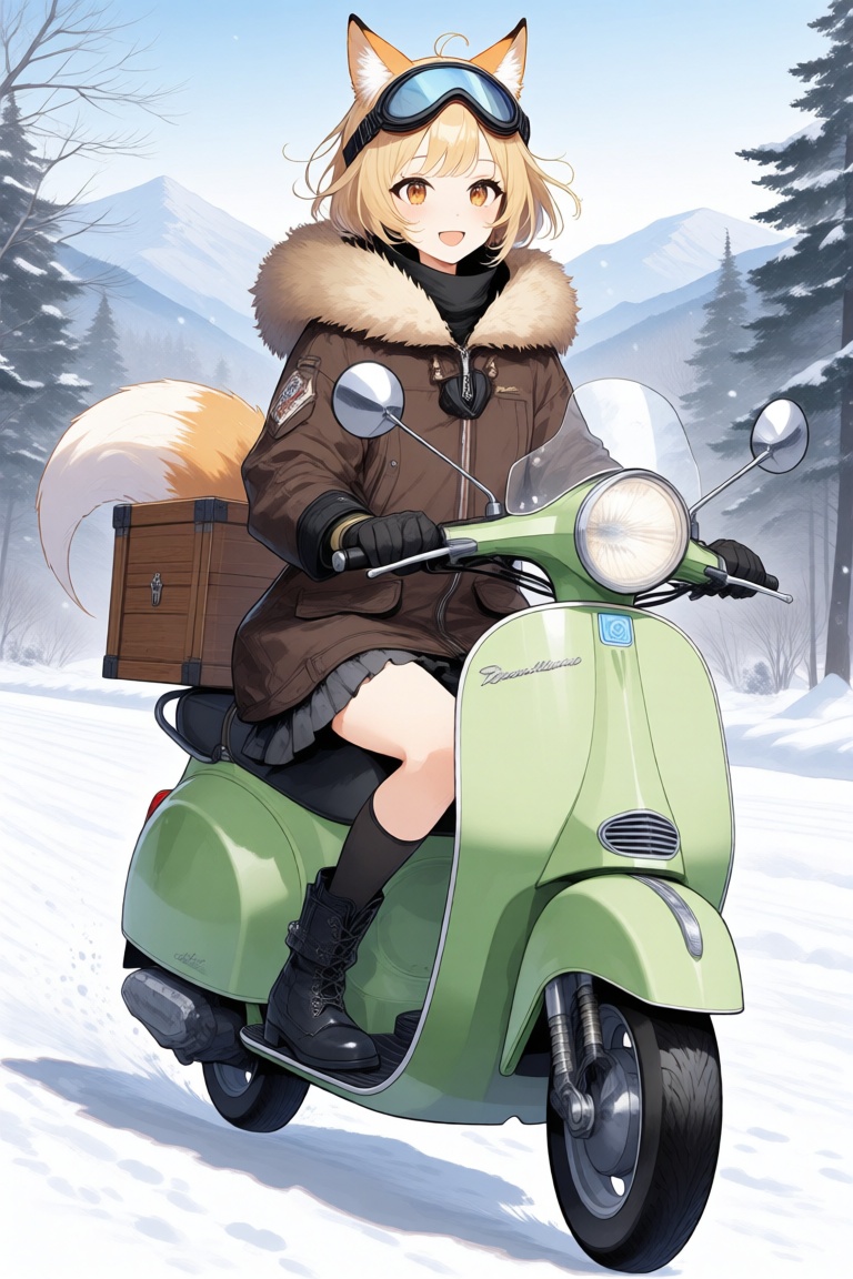 aesthetic,  anime-style illustration of a young woman with short blonde hair,  wearing a brown fur-lined jacket on Tensor.Art