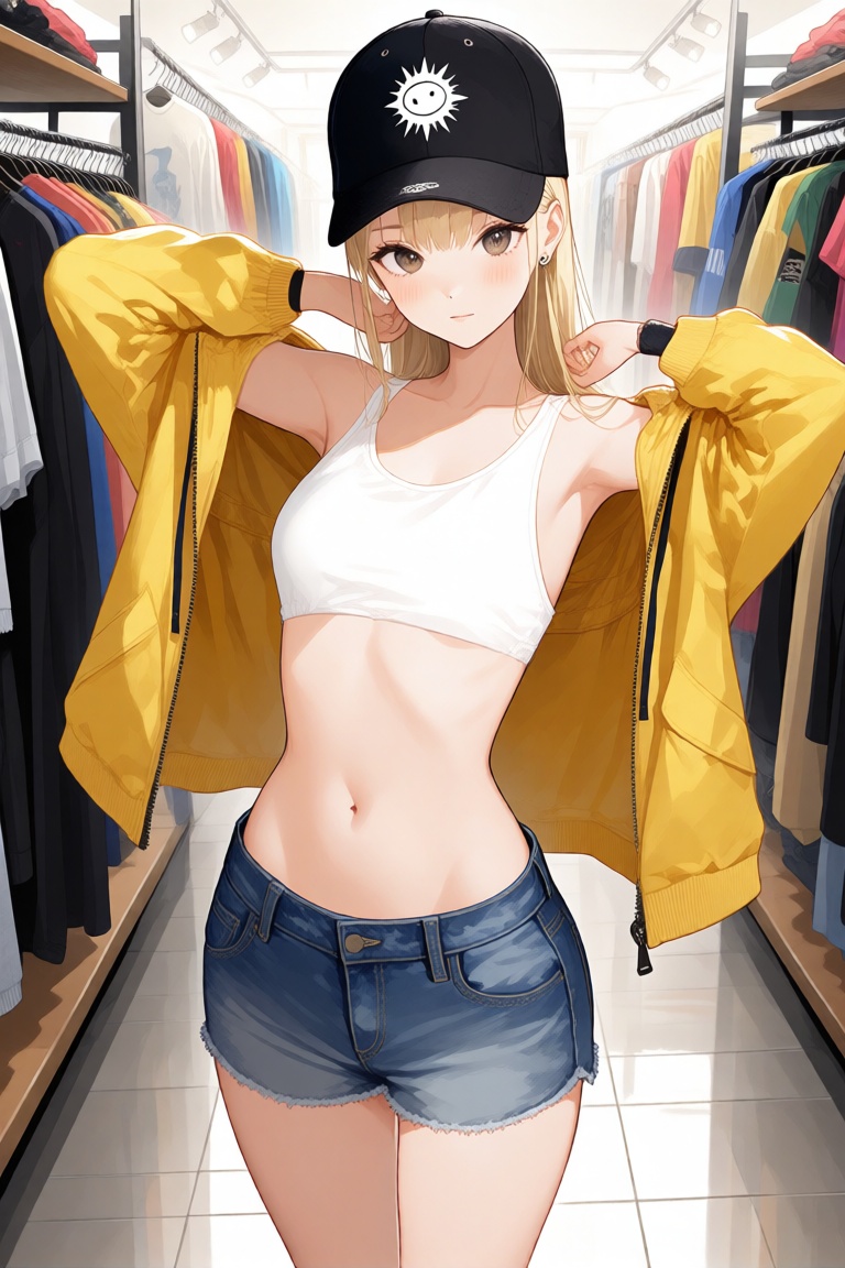 young woman with long blonde hair tied back. She is wearing a white **** top that reveals her midriff,  paired with denim...