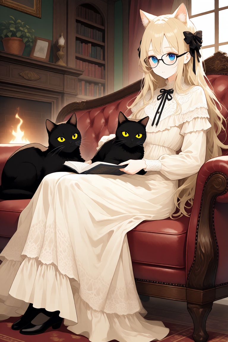 aesthetic,  anime-style illustration of a young woman with long blonde hair and cat ears,  sitting on a red leather couch...