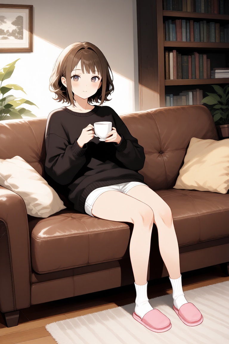 A young woman sitting on a brown leather couch in a living room. she is wearing a black sweater,  white shorts,  and pink...