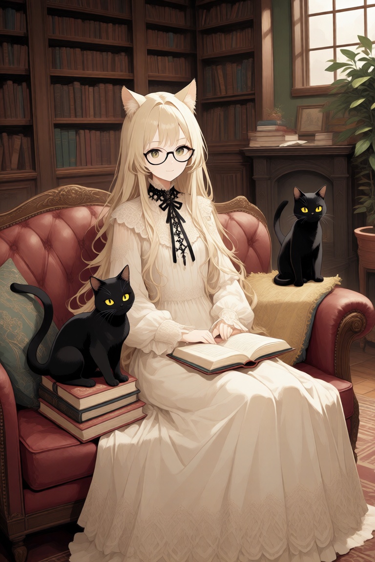 aesthetic,  anime-style illustration of a young woman with long blonde hair and cat ears,  sitting on a red leather couch...