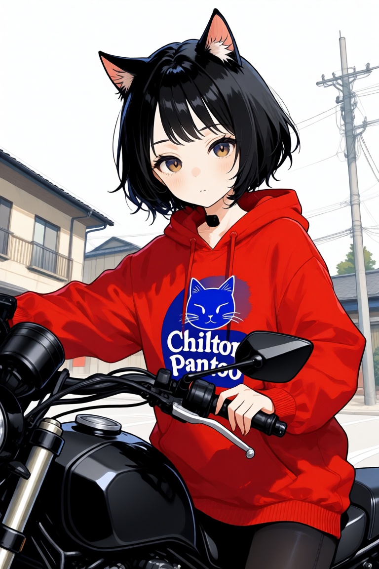 Anime-style illustration of a young woman with short black hair and cat ears,  wearing a red hoodie with a blue cat graphi...