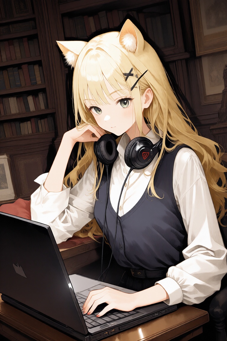 The central figure is a young woman with long blonde hair and cat ears,  sitting at a desk in what appears to be a library...