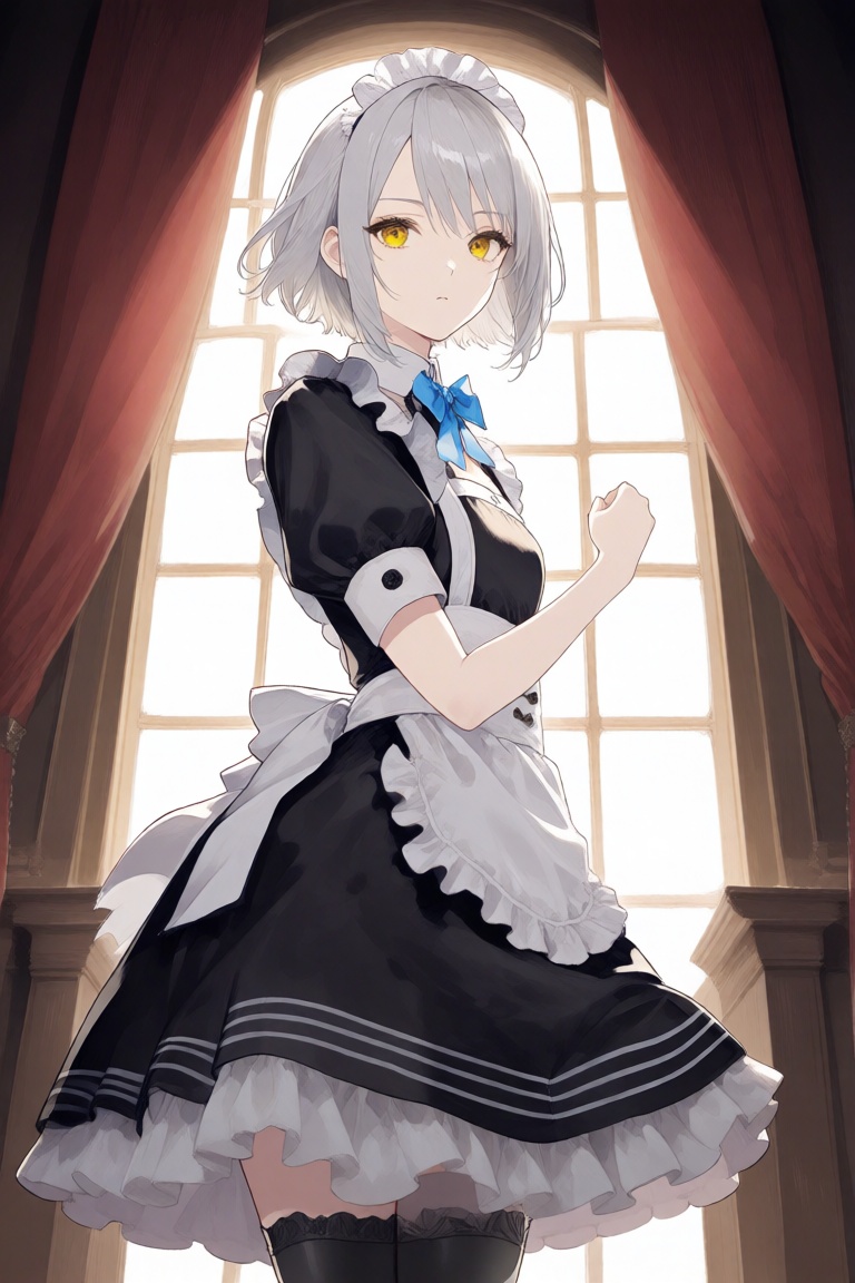 Anime-style illustration of a young woman with short,  silver hair and yellow eyes,  wearing a black and white maid outfit...