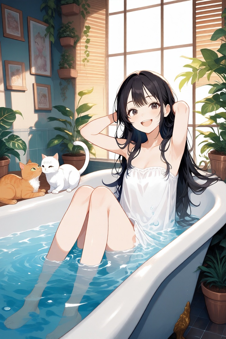 aesthetic,  anime-style digital illustration of a young woman with long black hair,  sitting in a bathtub filled with wate...
