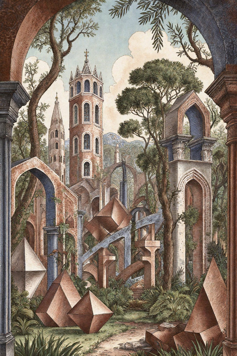 Surreal Architectural Dreamscape,  Geometric and Organic Elements,  windows on Tensor.Art