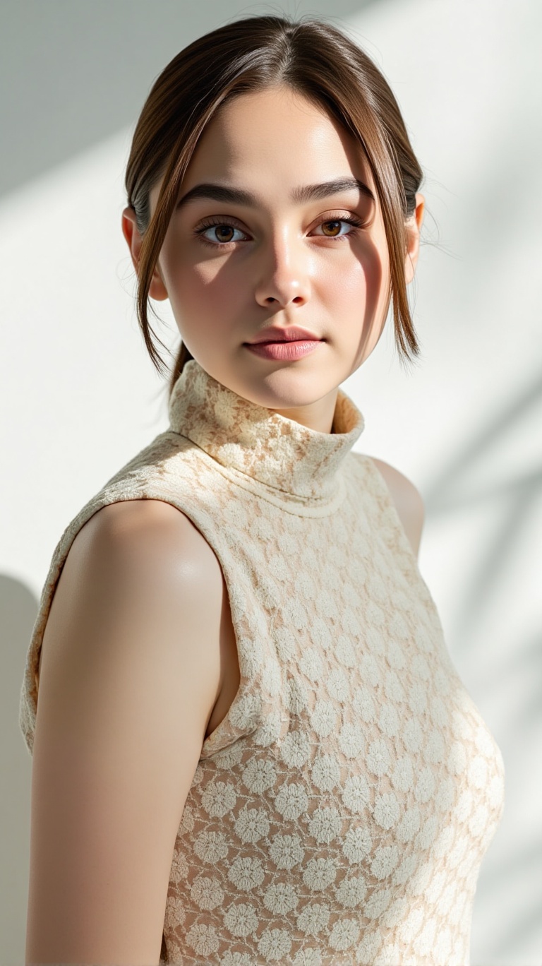 A young woman in a turtleneck dress with lace pattern stands in a photo studio. The shot is framed close-up,  focusing on...