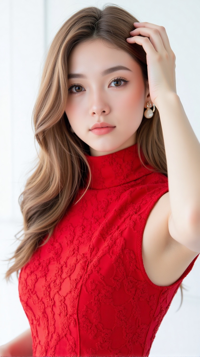 A young woman in a red turtleneck dress with lace pattern stands in a photo studio. The shot is framed close-up,  focusing...