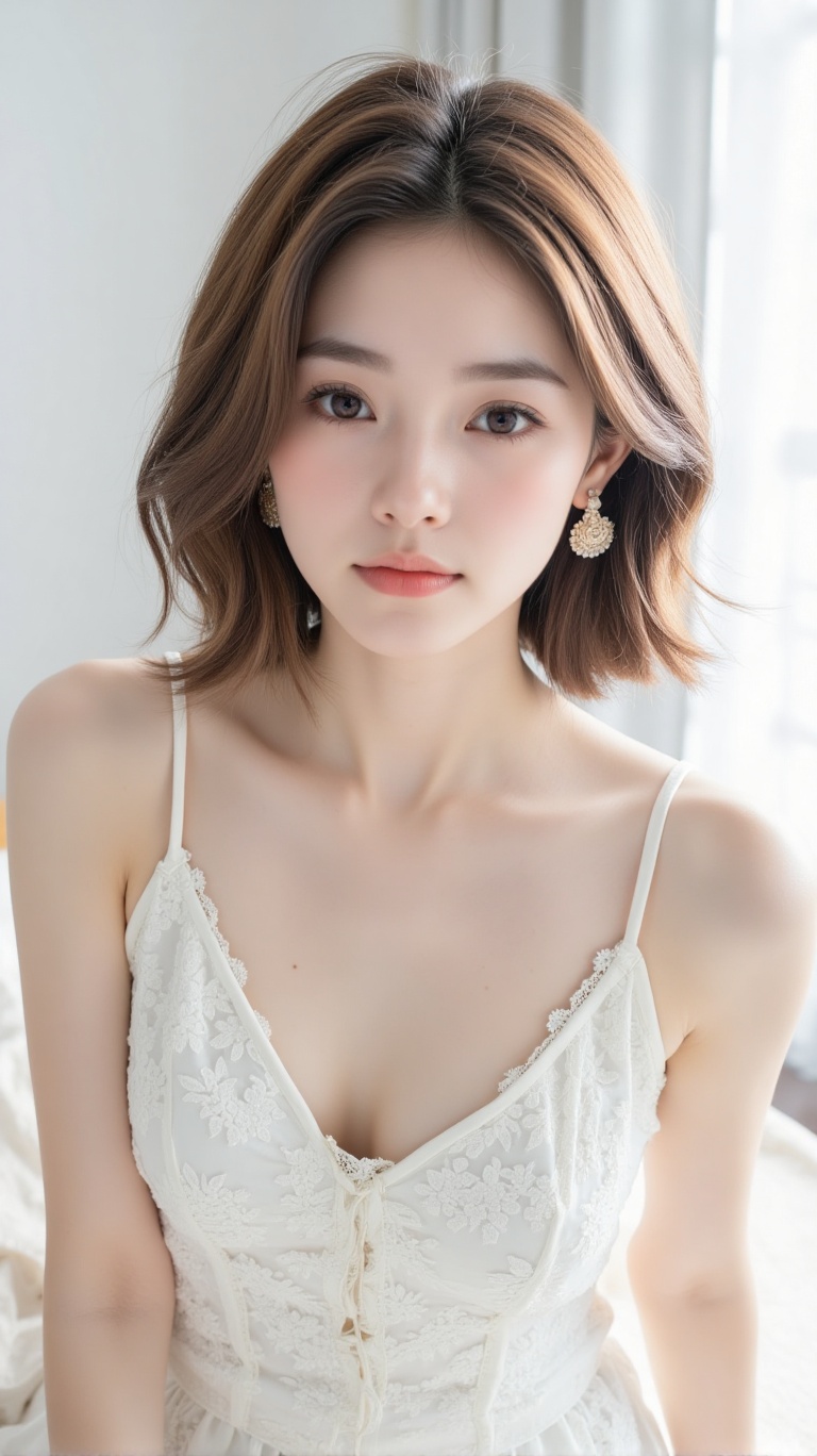 Close-up photo of a young woman in a dress with lace patterns. Framed closely,  focusing on her elegant pose. Soft natural...