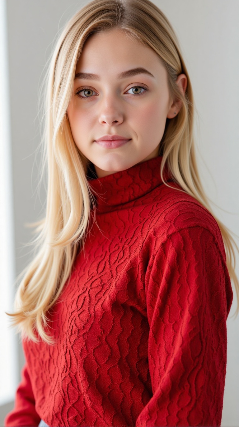 A young woman in a red turtleneck dress with lace pattern stands in a photo studio. The shot is framed close-up,  focusing...