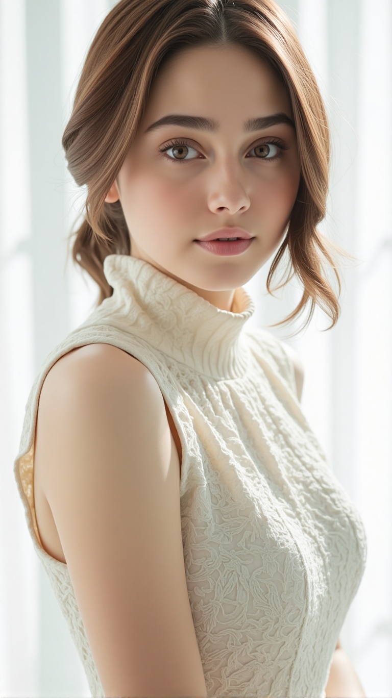 A young woman in a turtleneck dress with lace pattern stands in a photo studio. The shot is framed close-up,  focusing on...