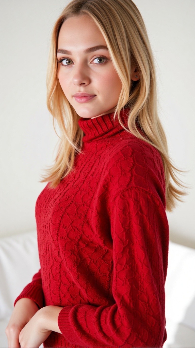 A young woman in a red turtleneck dress with lace pattern stands in a photo studio. The shot is framed close-up,  focusing...