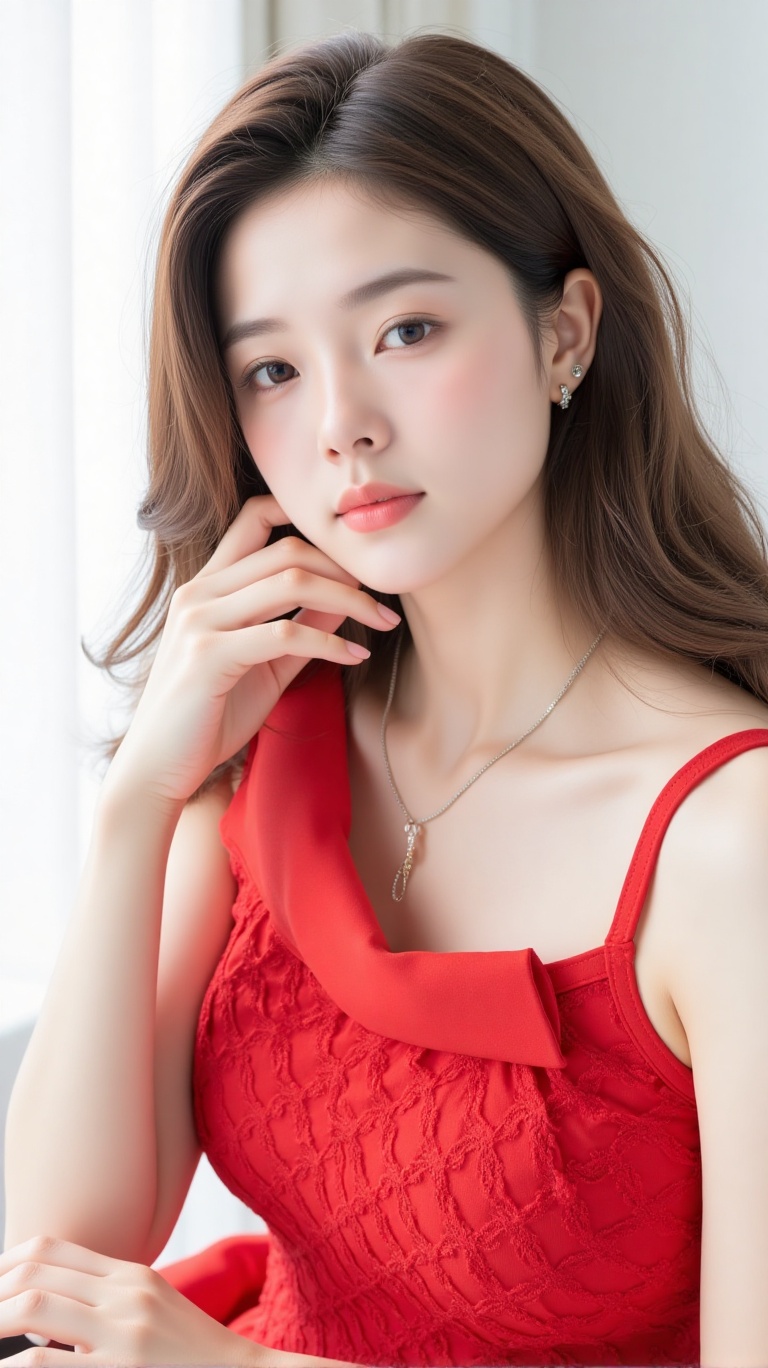 Close-up photo of a young woman in a red dress with lace patterns. Framed closely,  focusing on her elegant pose. Soft nat...