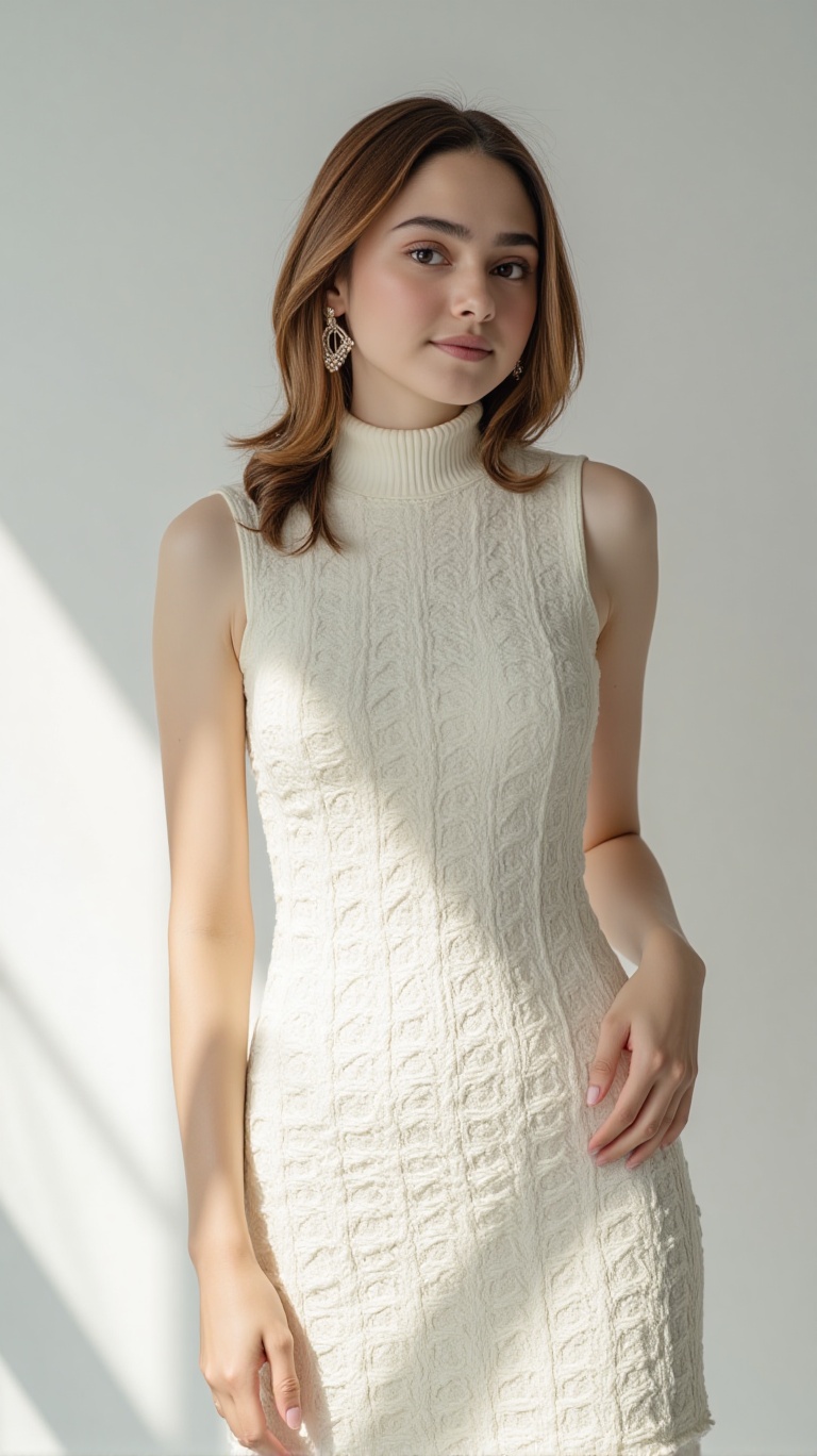 A young woman in a turtleneck dress with lace pattern stands in a photo studio. The shot is framed close-up,  focusing on...