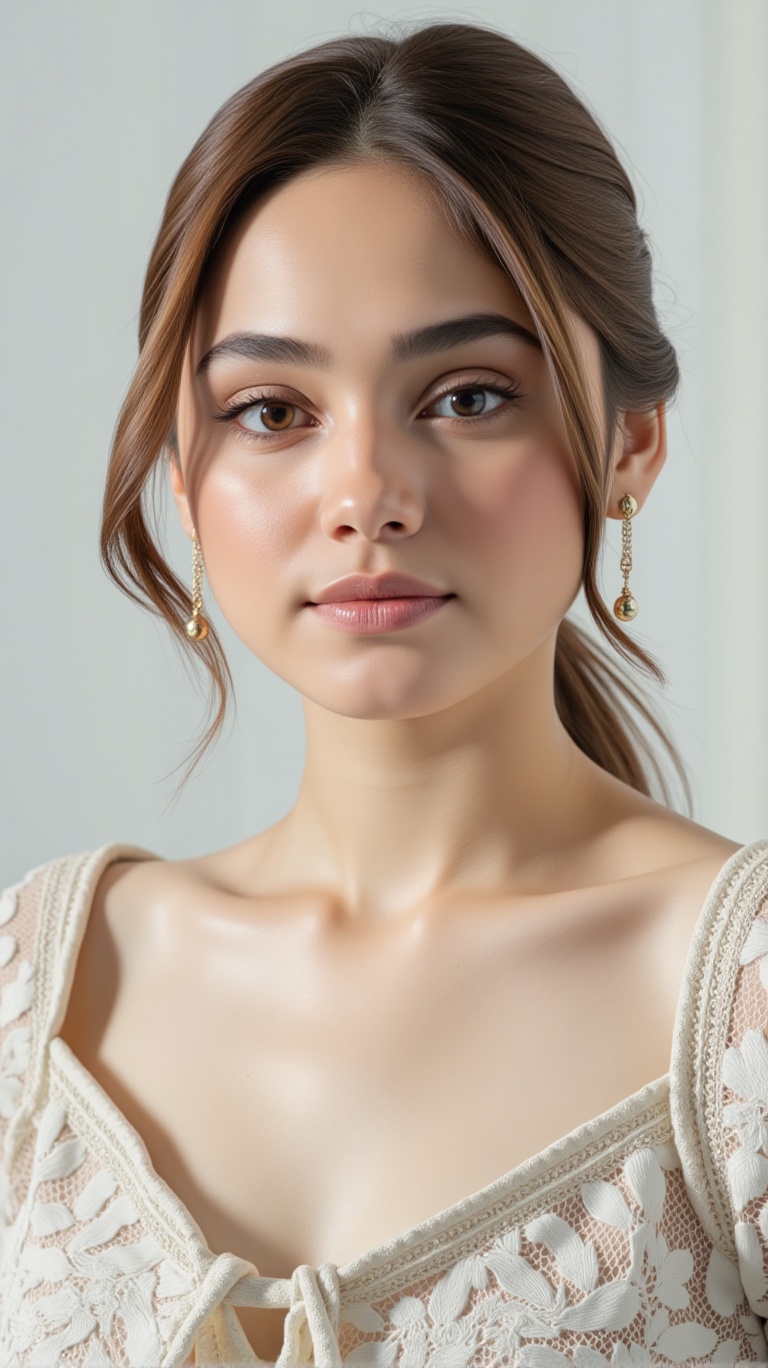 Close-up photo of a young woman in a dress with lace patterns. Framed closely,  focusing on her elegant pose. Soft natural...