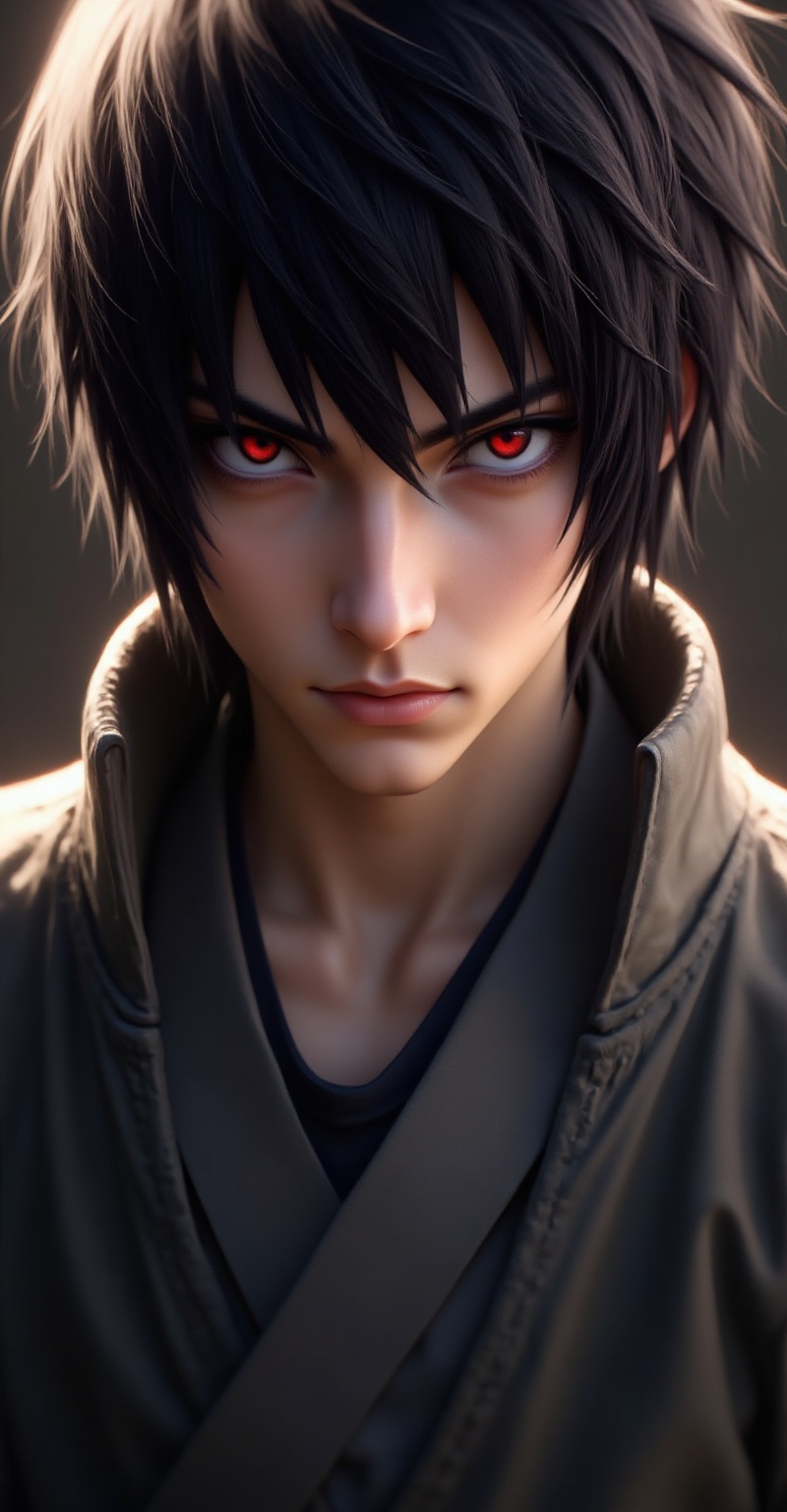 portrait of Sasuke Uchiha,  (realtoon style),  young man with sharp red sharingan eyes on Tensor.Art