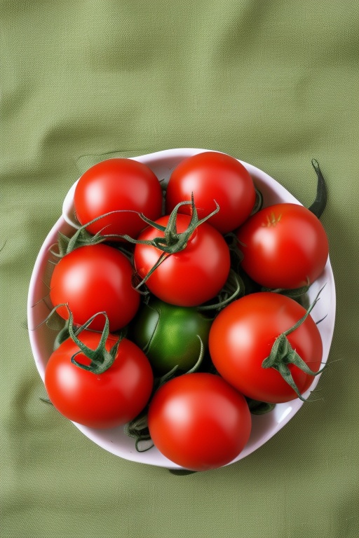 Captured from a close-up eye-level perspective a group of five tomatoes are perched on a table their stems still attached...