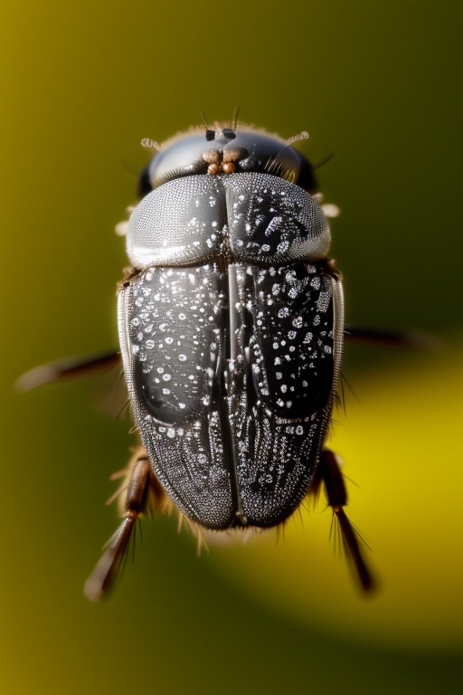A close-up shot of a black and white fly on a yellow flower. The fly's wings are covered in water droplets and the fly's h...
