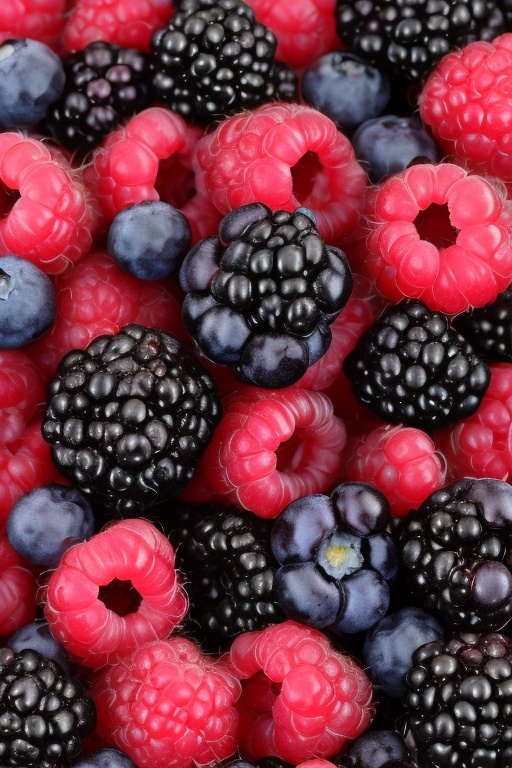 Captured from a close-up eye-level perspective a large pile of raspberries blackberries and blueberries are stacked on top...