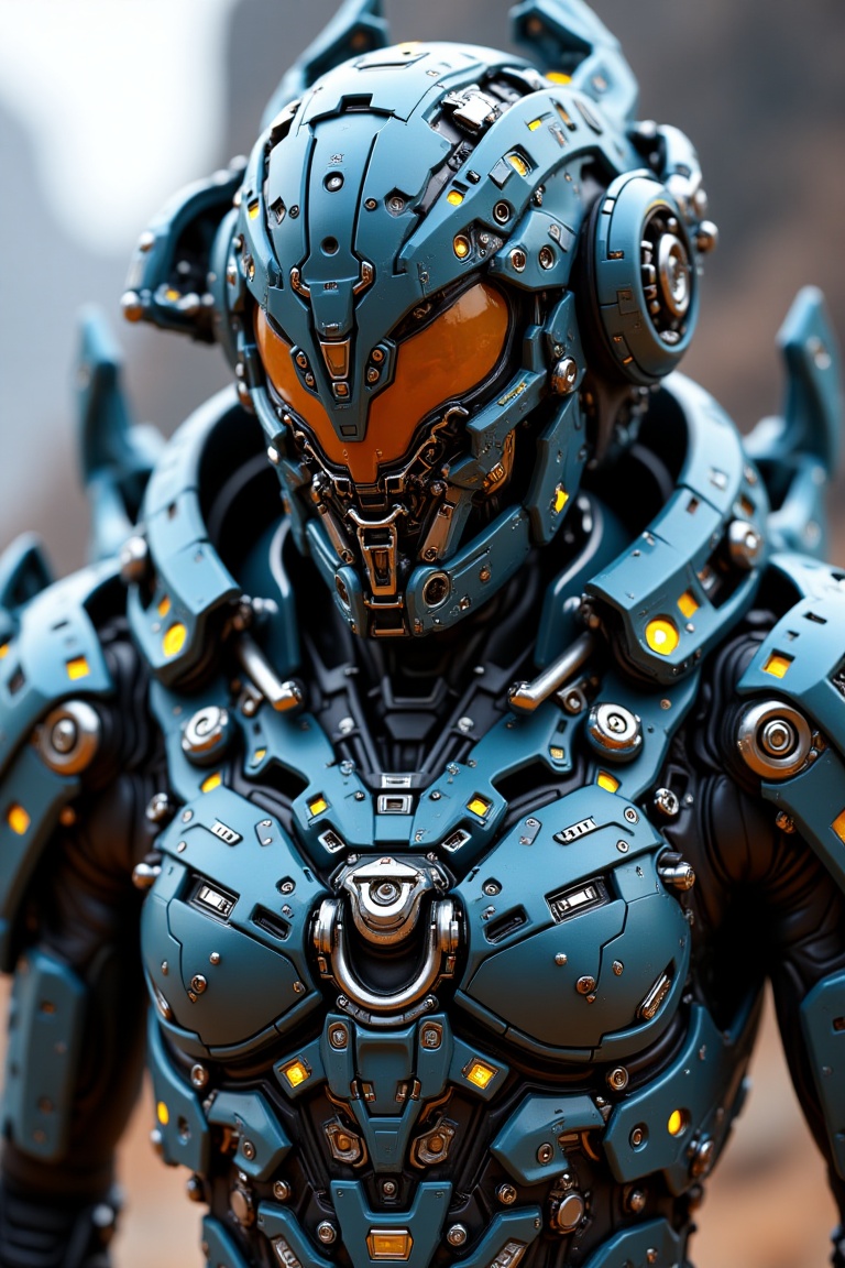 A futuristic armored warrior wearing a highly detailed mechanical helmet with a glowing visor,  intricate sci-fi plating,...