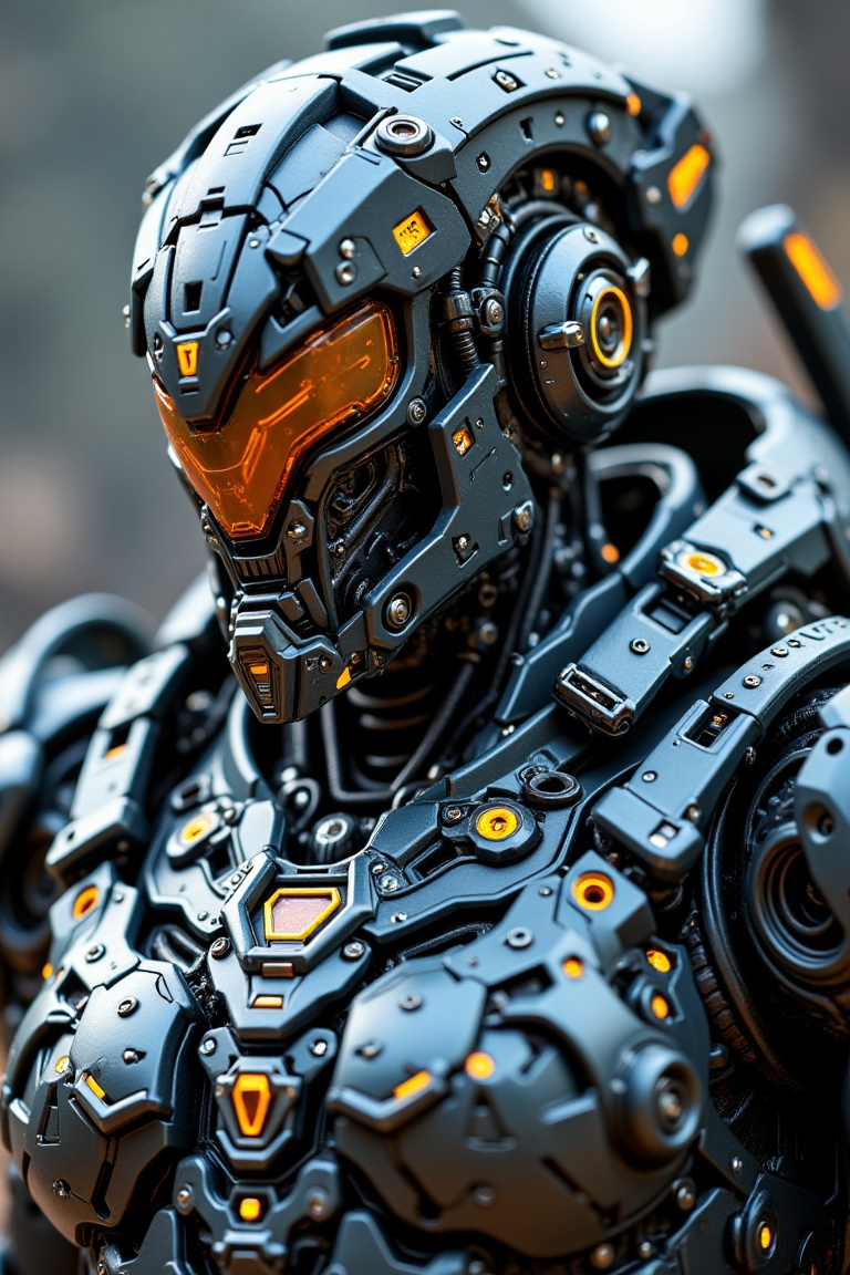 A futuristic armored warrior wearing a highly detailed mechanical helmet with a glowing visor,  intricate sci-fi plating,...