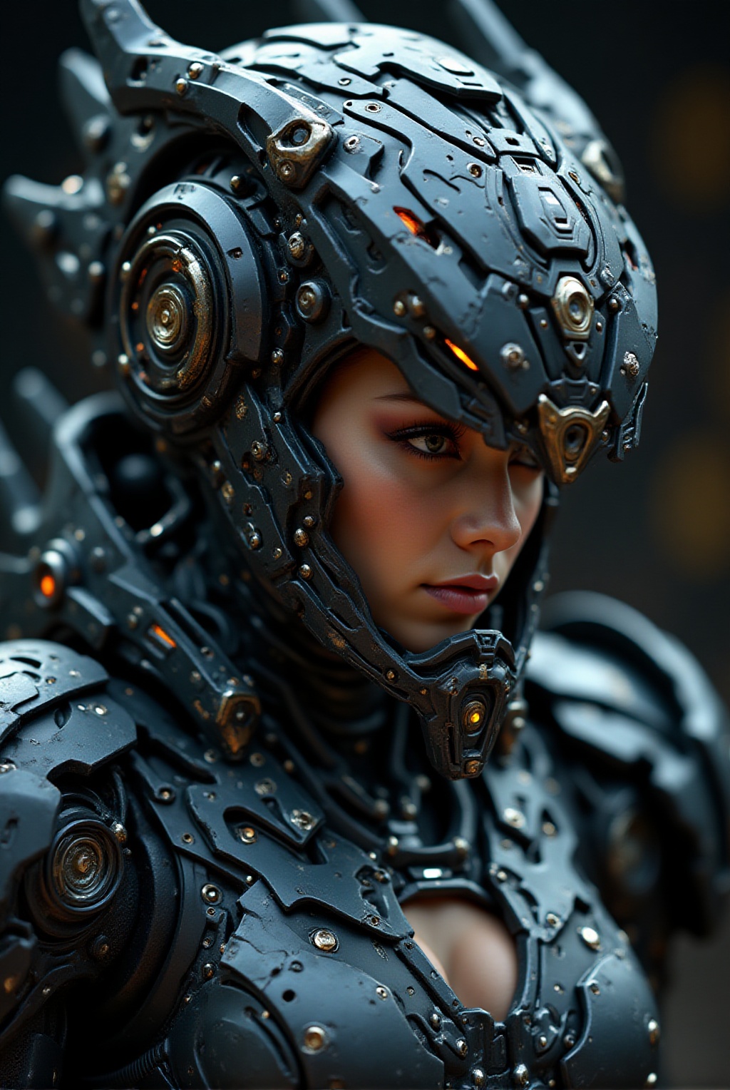 Futuristic armored female warrior wearing a highly detailed mechanical helmet with a glowing visor,  beautiful face,  intr...