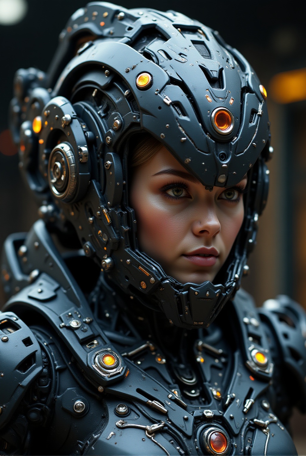 Futuristic armored female warrior wearing a highly detailed mechanical helmet with a glowing visor,  beautiful face,  intr...