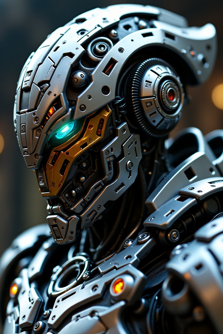 Futuristic armored warrior wearing a highly detailed mechanical helmet with a glowing visor,  intricate sci-fi plating cov...