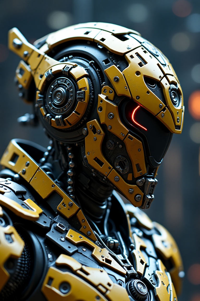 Futuristic armored warrior wearing a highly detailed mechanical helmet with a glowing visor,  intricate sci-fi plating cov...
