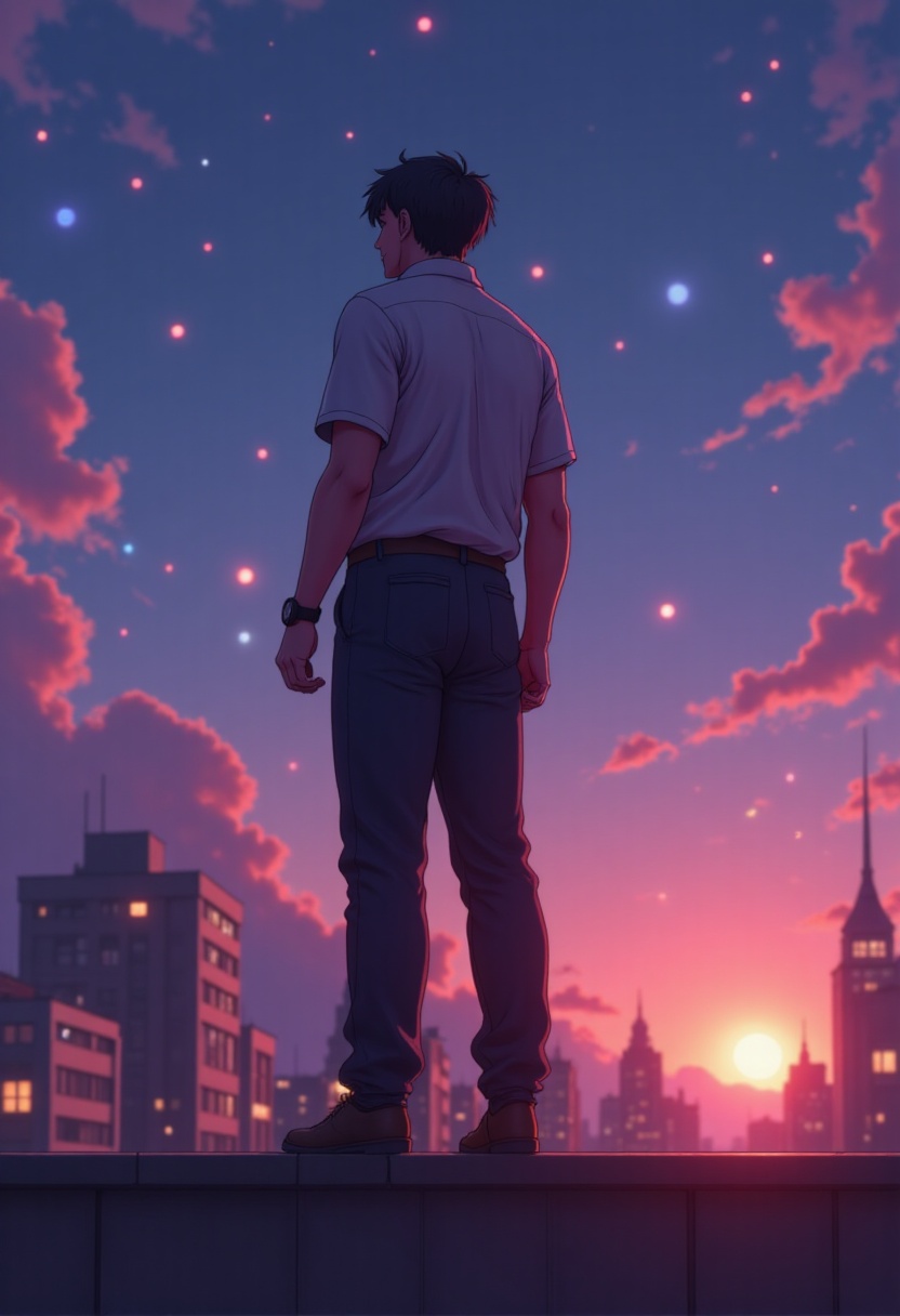 anime hero standing on rooftop at sunset,  glowing city lights,  dramatic mood. Twilight Anime Dreams on Tensor.Art