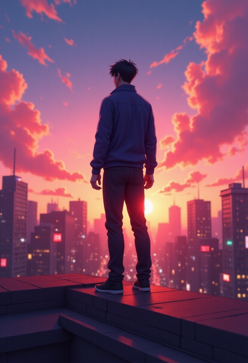 anime hero standing on rooftop at sunset,  glowing city lights,  dramatic mood. Twilight Anime Dreams on Tensor.Art