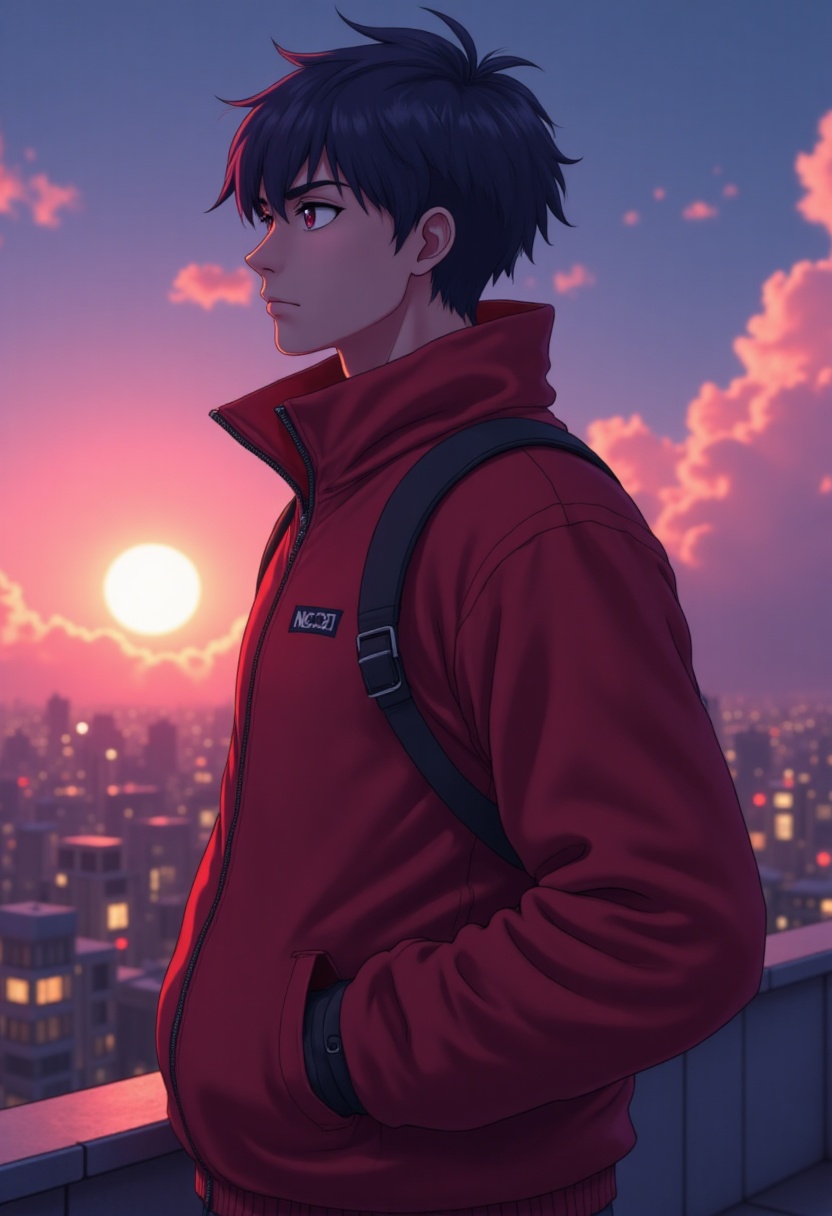 masterpiece anime illustration,  strong anime boy in red jacket,  standing on rooftop at dusk on Tensor.Art