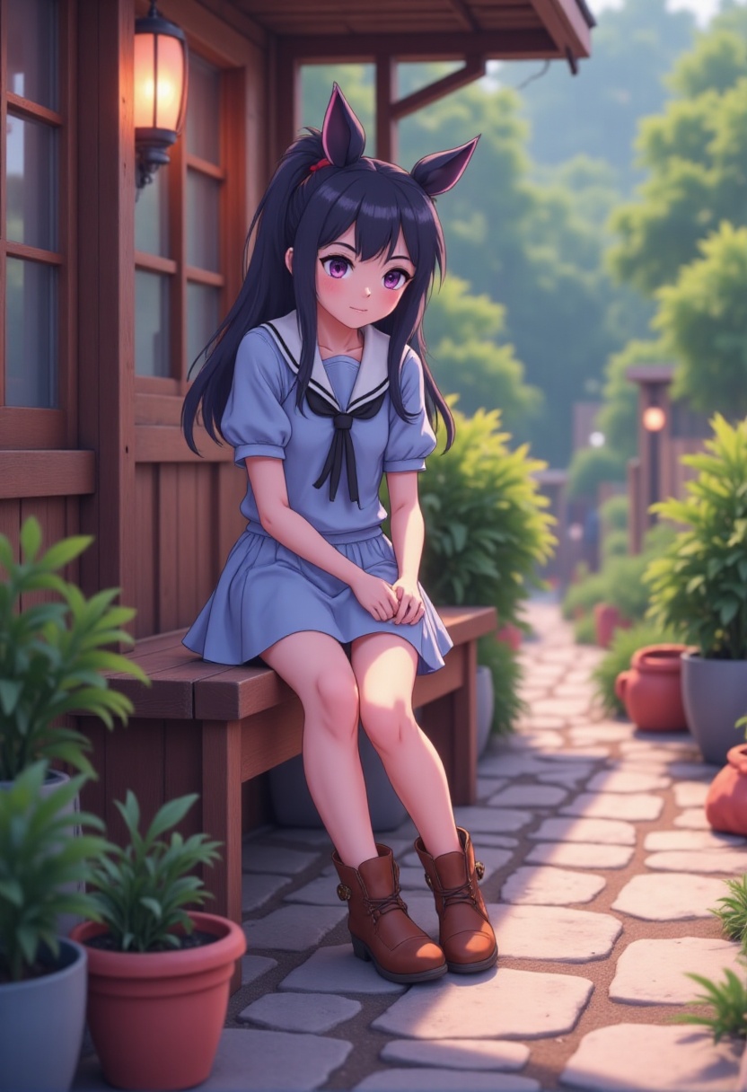 a young girl sitting on a wooden bench in an outdoor setting. She is wearing a light blue school uniform with a white coll...