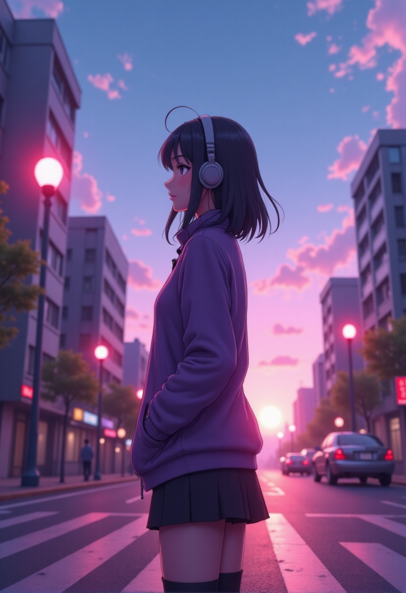 anime girl with headphones,  standing at a glowing crosswalk,  neon lights reflecting on wet pavement on Tensor.Art