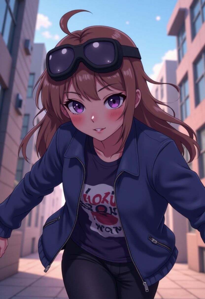 A low-angle shot of a very beautiful,  cute girl running in a city scene. She has light brown,  smooth straight medium-len...